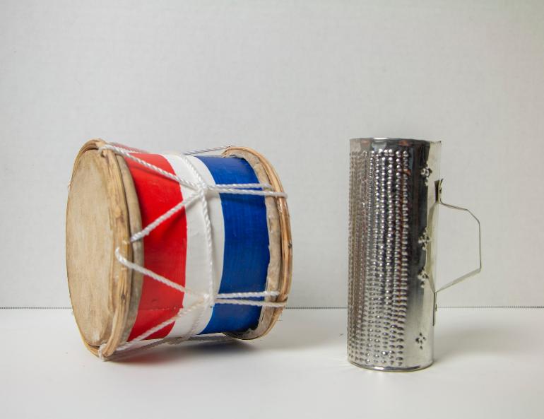 red and silver drum set